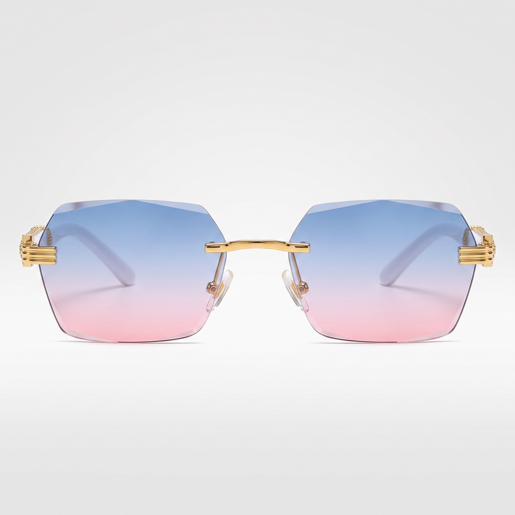 Gradient Color Rimless Square Sunglasses - Blue Pink Lens - front studio shot