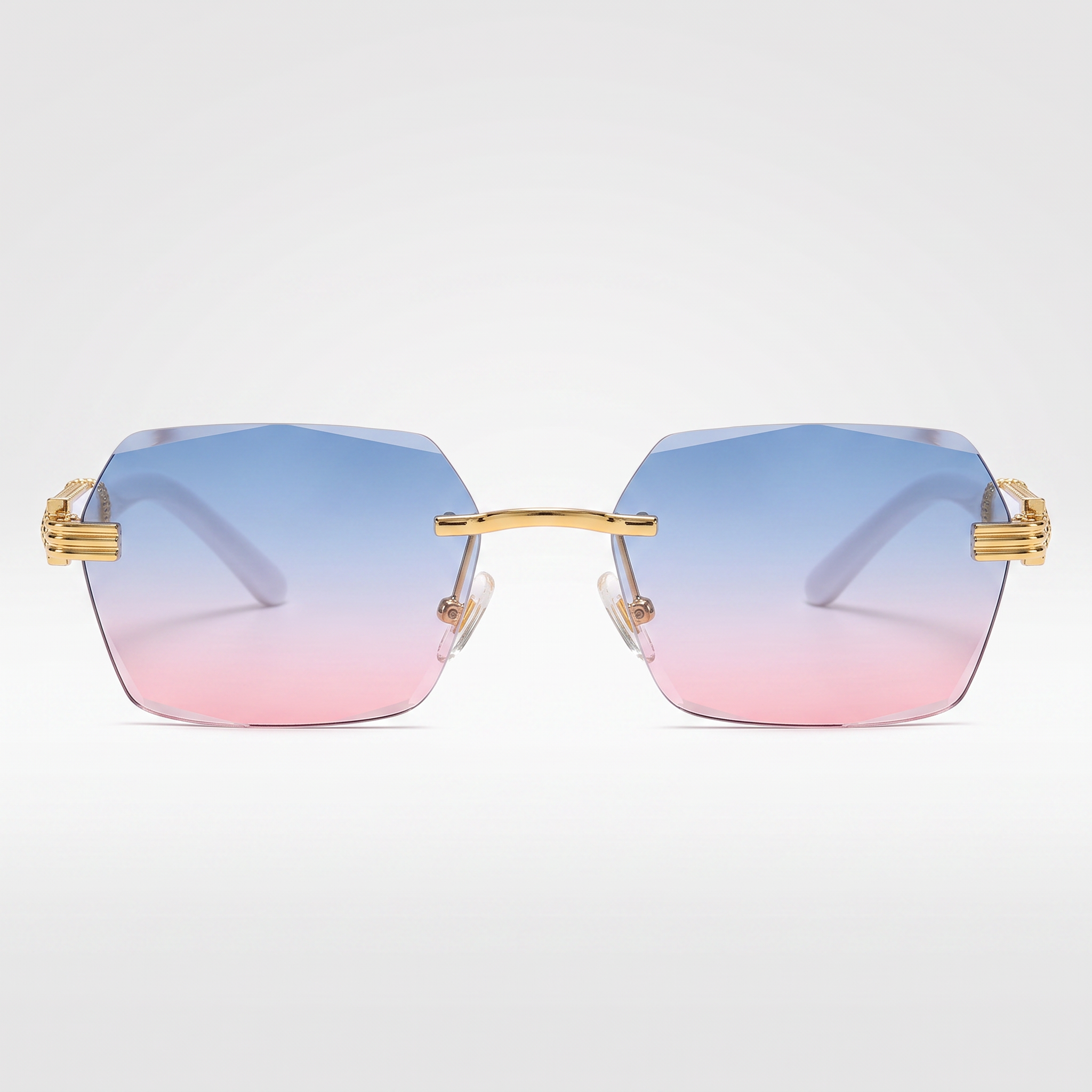 Gradient Color Rimless Square Sunglasses - Blue Pink Lens - front studio shot