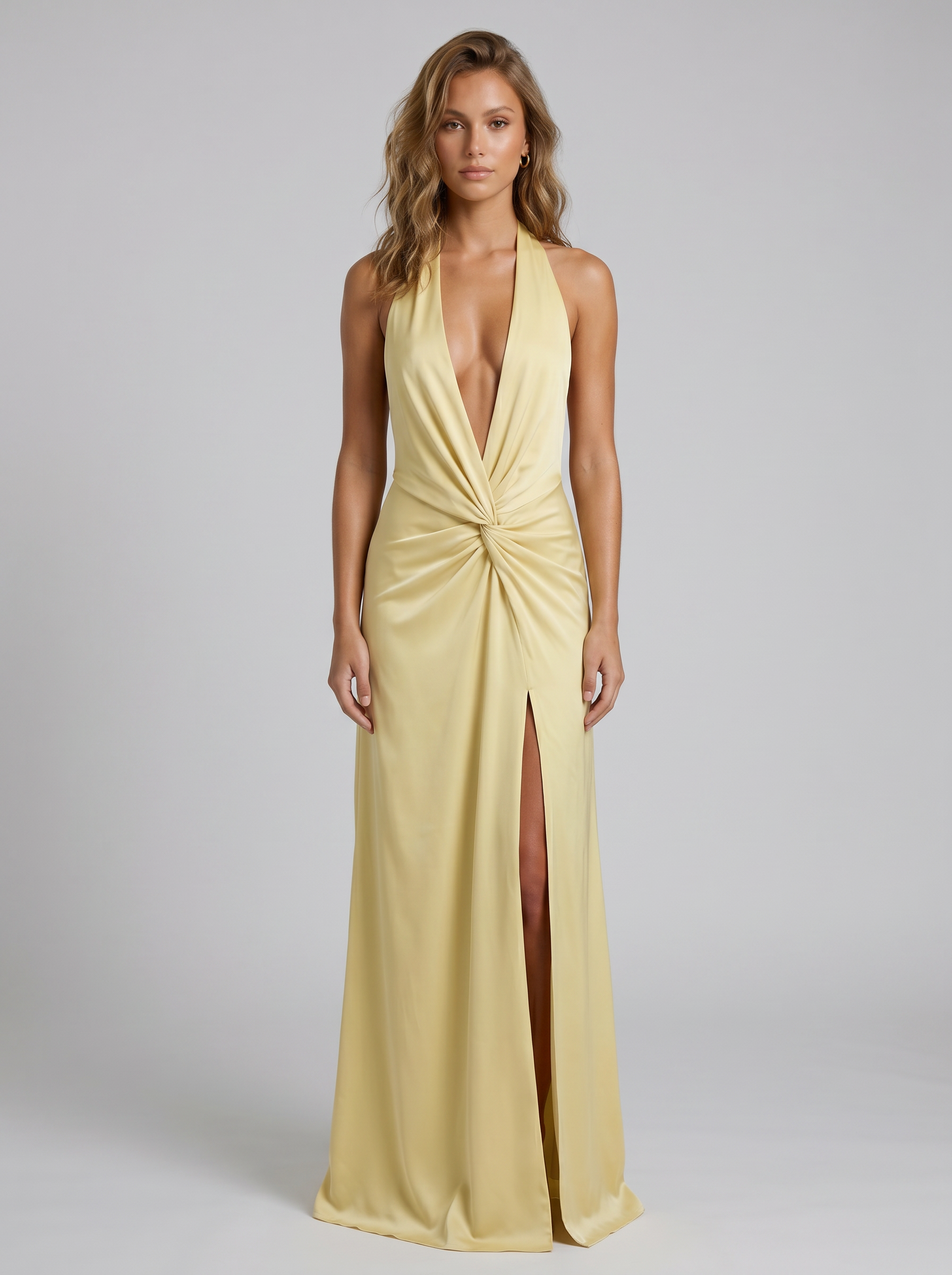 Zelira Deep V Halter Gown - Yellow - Front